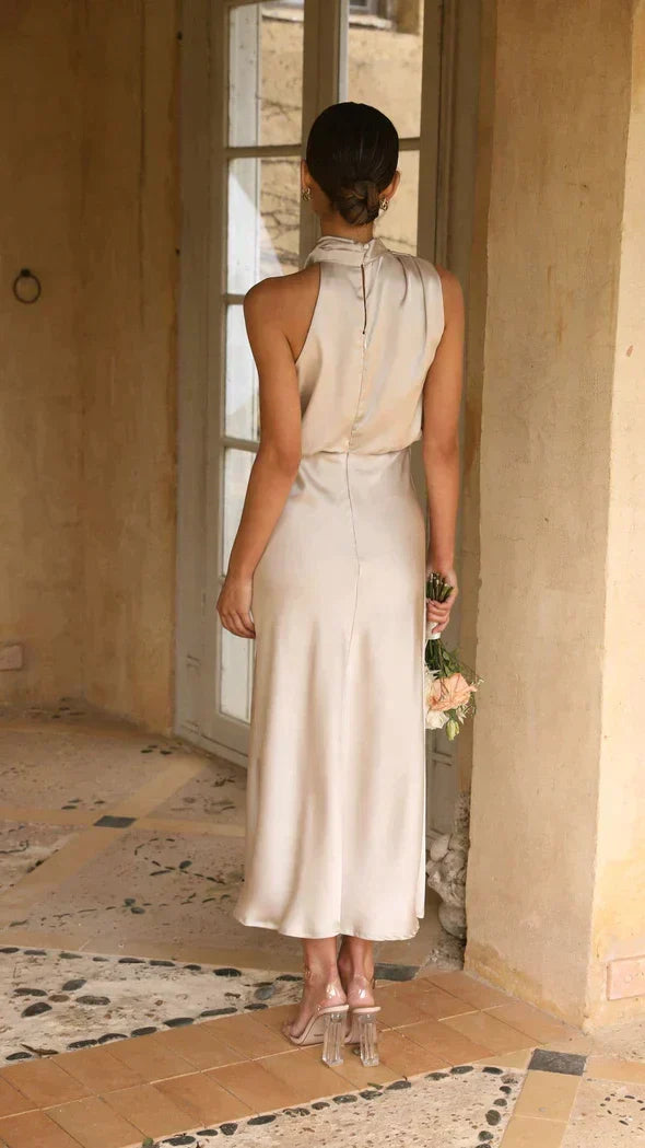 Satin Halter Neck Cowl Draped Blouson Midi Dress - View 2