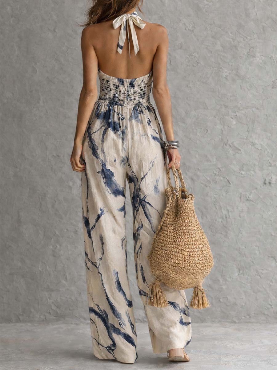 Halter Neck Sleeveless Abstract Print Wide Leg Jumpsuit 3
