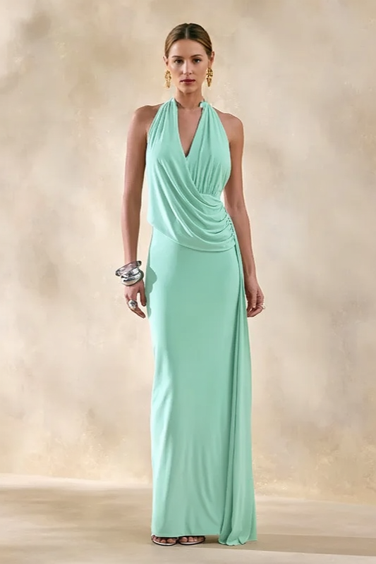 Halter Cowl Neck Ruched High Split Maxi Dress - View 6