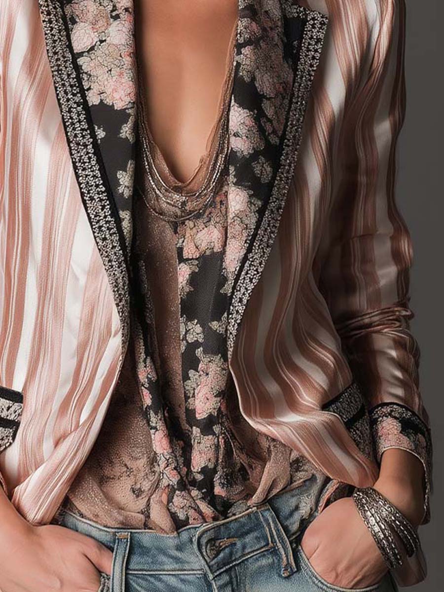 Striped Satin Floral Contrast Lapel Blazer 3