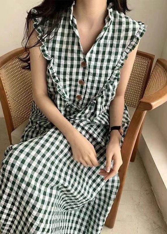 Gingham Check V-Neck Ruffle Collar Button Front Sleeveless Dress - View 3
