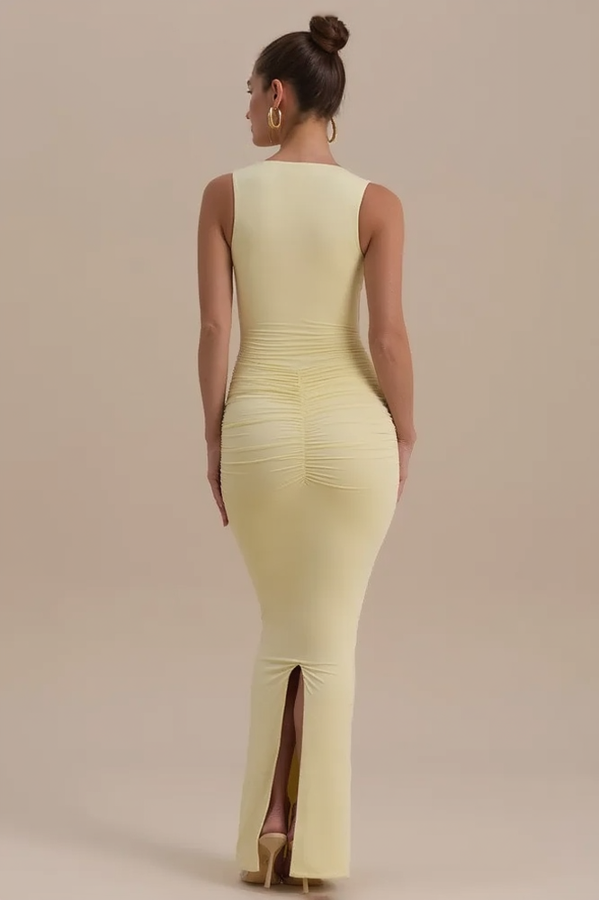 V-Neck Sleeveless Ruched Bodycon Maxi Dress - View 3