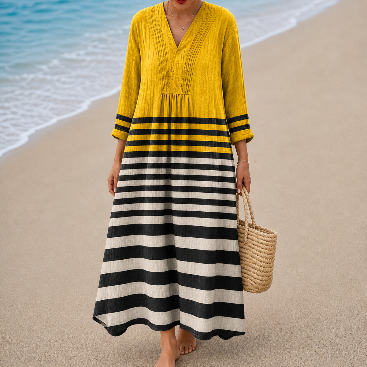 Striped Colorblock V-Neck Long Sleeve Maxi Dress