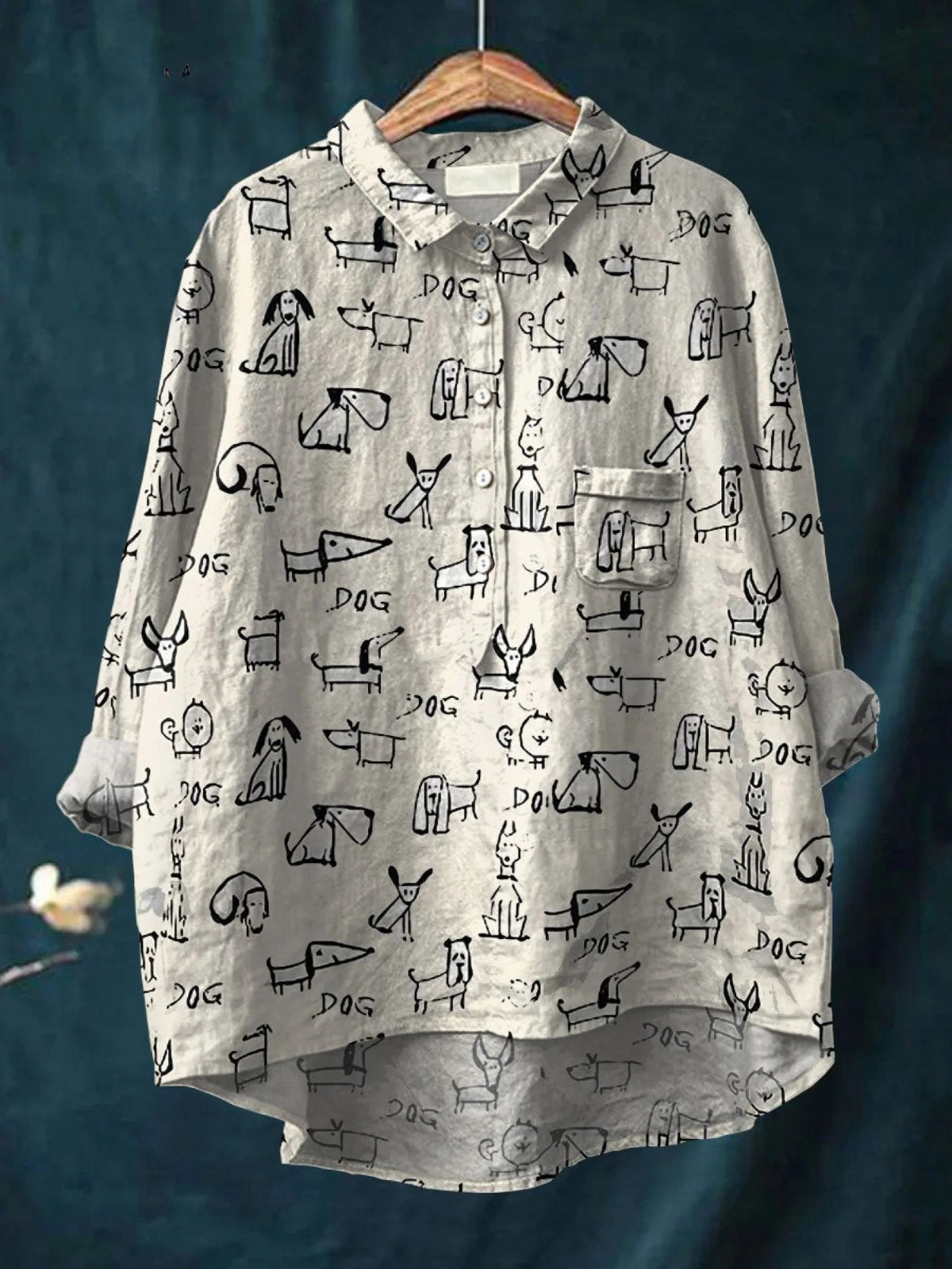 Dog Print Button Front Long Sleeve Collared Shirt