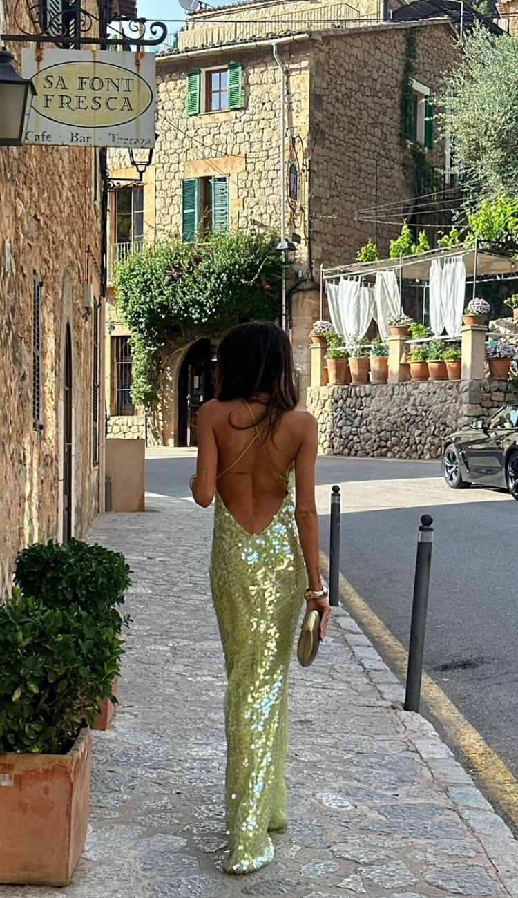 Large Disc Sequin Spaghetti Strap Deep Scoop Neck Bodycon Maxi Gown - View 4