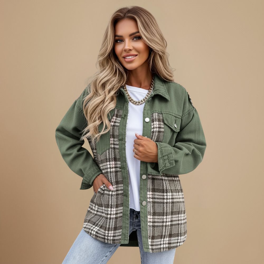 Plaid Patchwork Denim Button Front Shacket 11