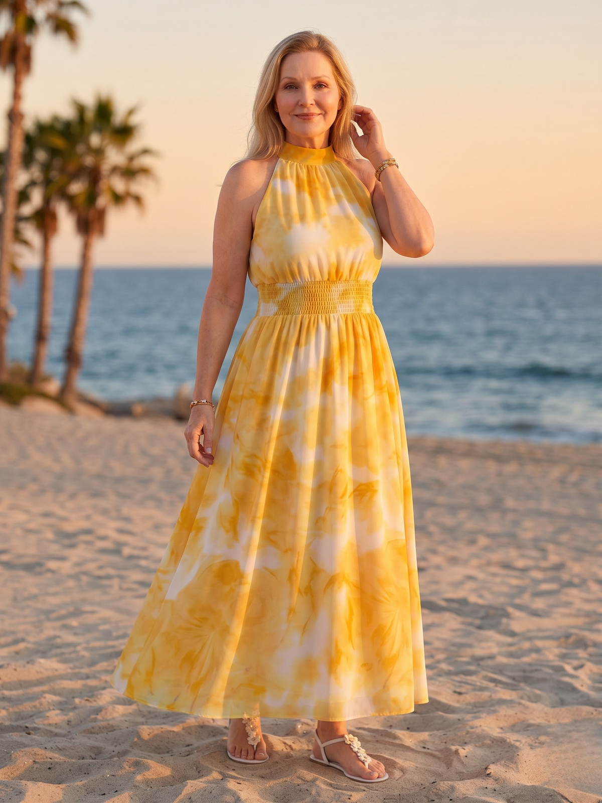 Tie Dye Halter Neck Smocked Waist Maxi Dress