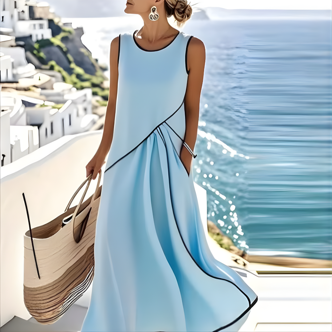 Contrast Piping Round Neck Sleeveless A-Line Midi Dress 2