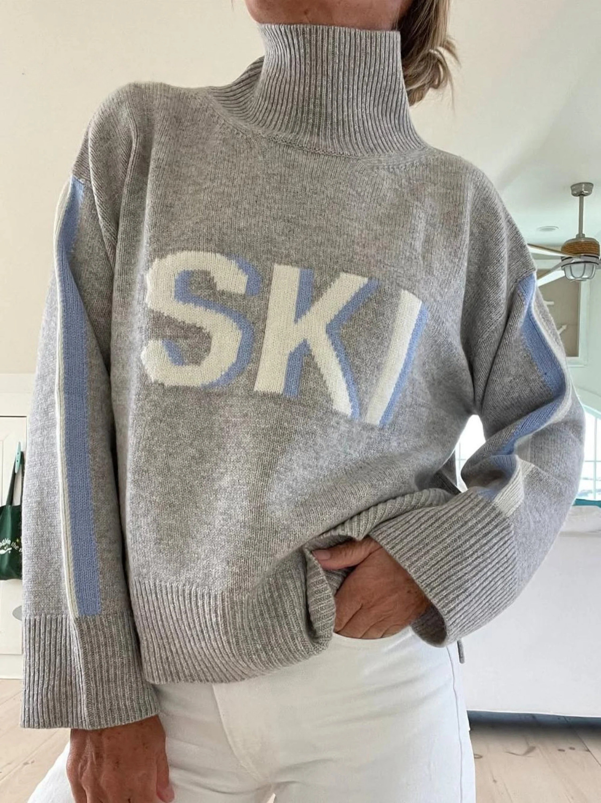 Letter Graphic Turtleneck Oversized Knit Sweater