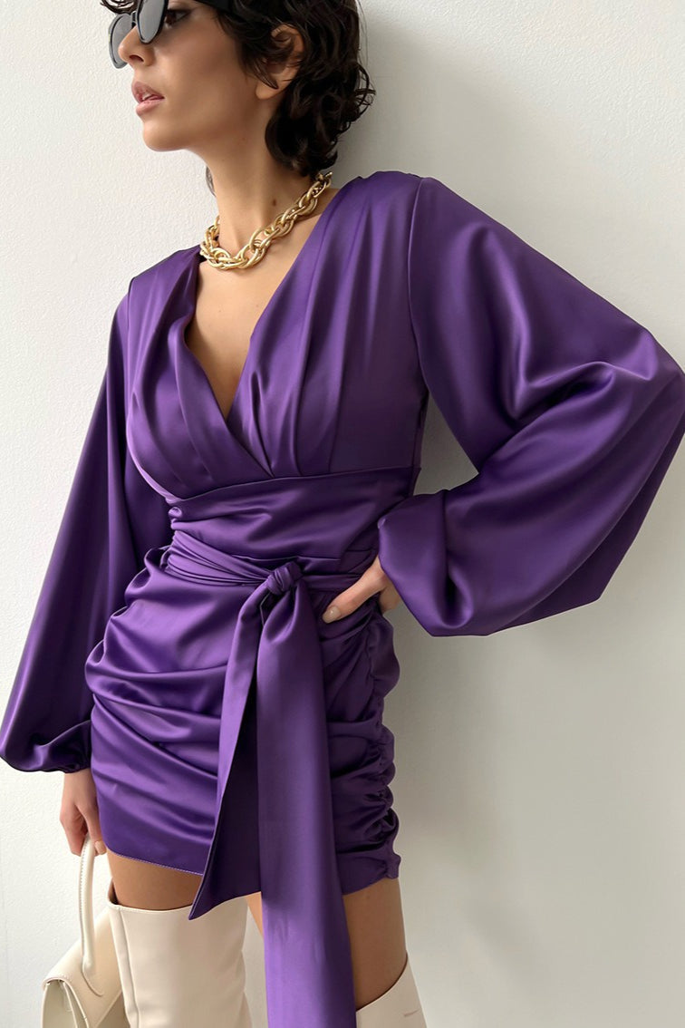 Satin Deep V-Neck Bishop Sleeve Ruched Wrap Cocktail Mini Dress - View 4