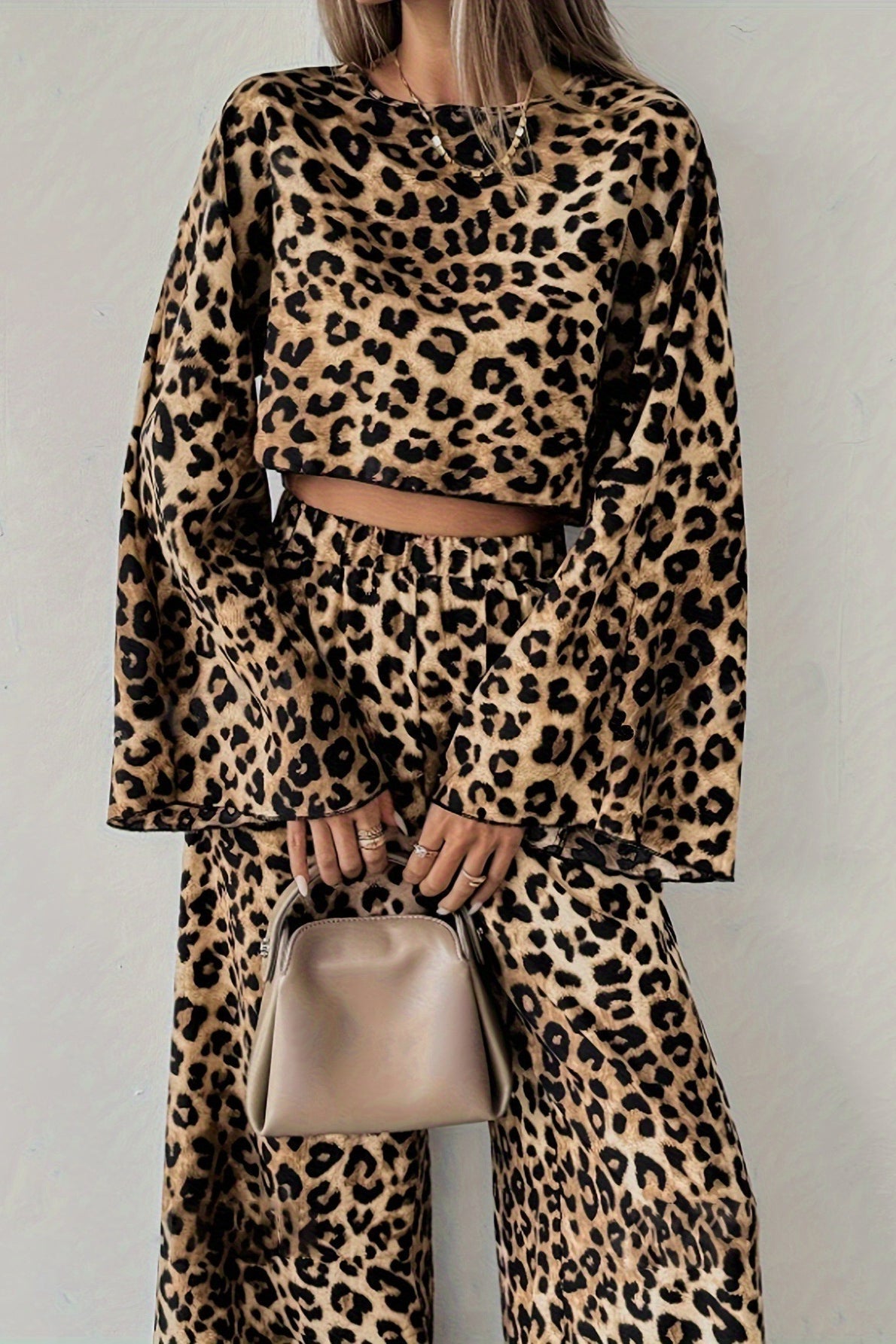 Leopard Print Loose Long Sleeve Pants Two Piece Set