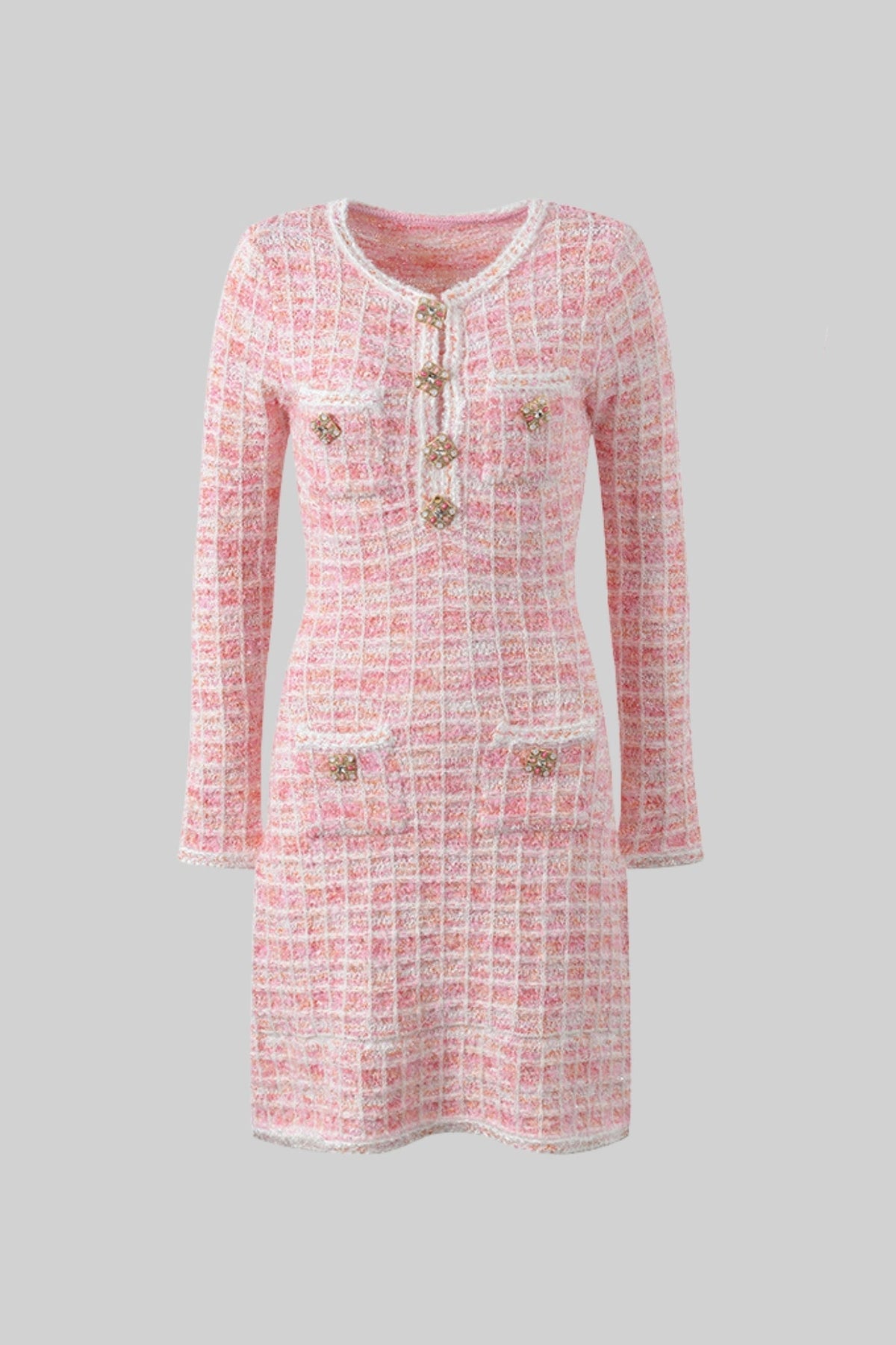 Tweed Long Sleeve Mini Dress Jewel Button Patch Pocket Braided Trim