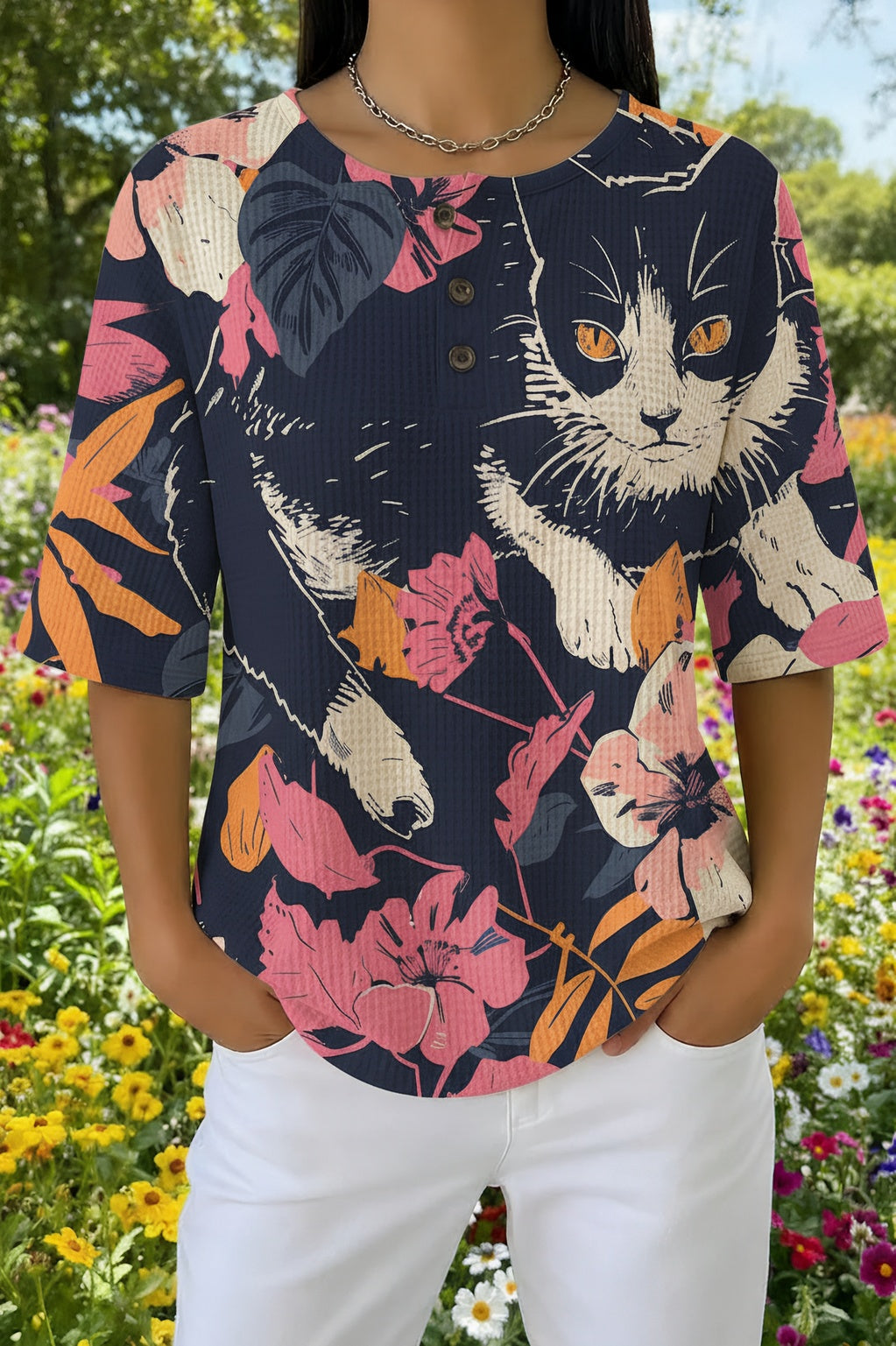 Cat and Tropical Floral Print Short Sleeve Henley Top