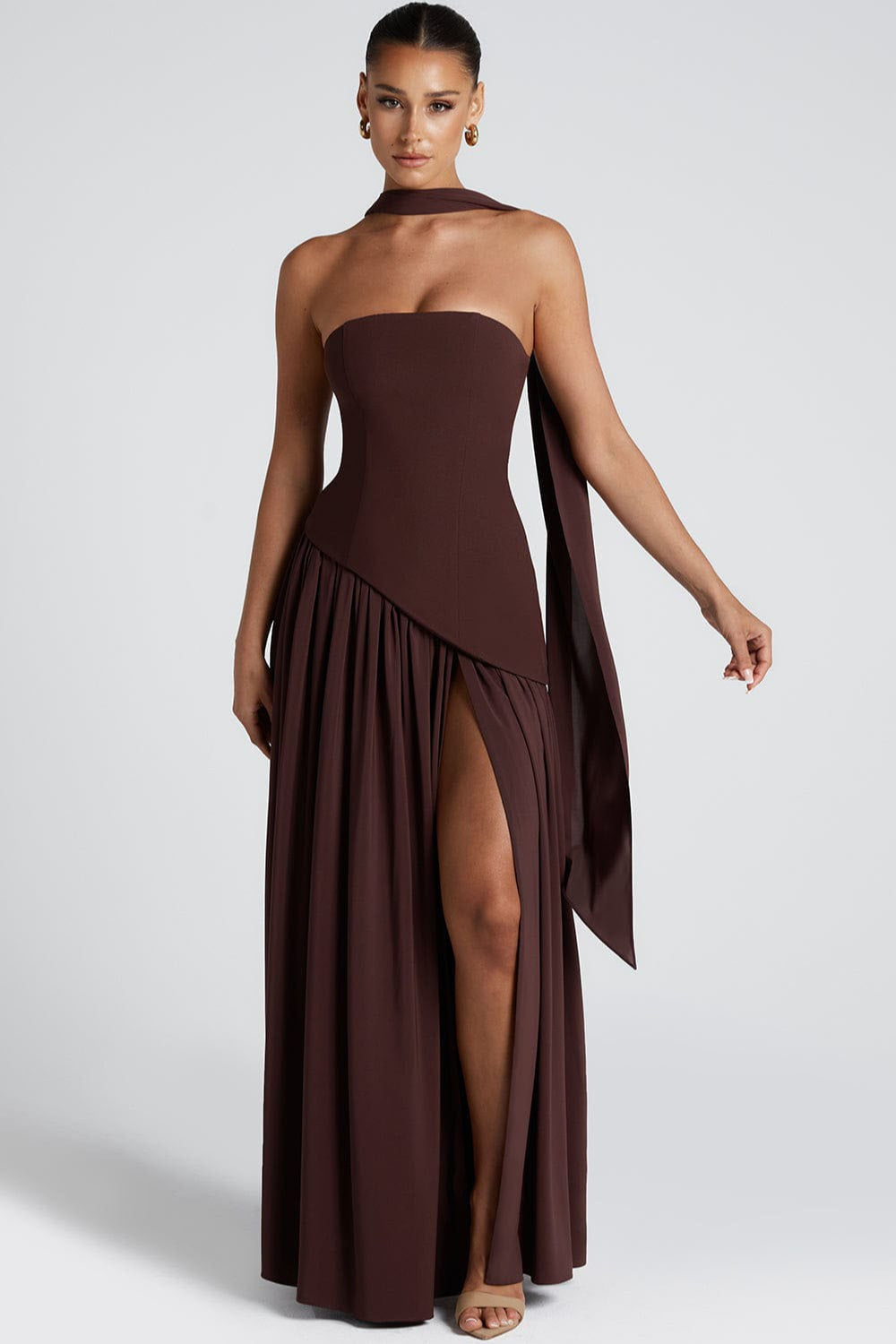 Strapless Bustier Scarf Neck High Split Maxi Dress - View 9