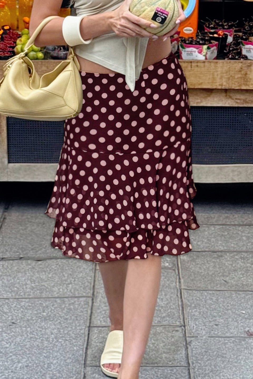 Polka Dot Knit Sheer Panel Midi Skirt