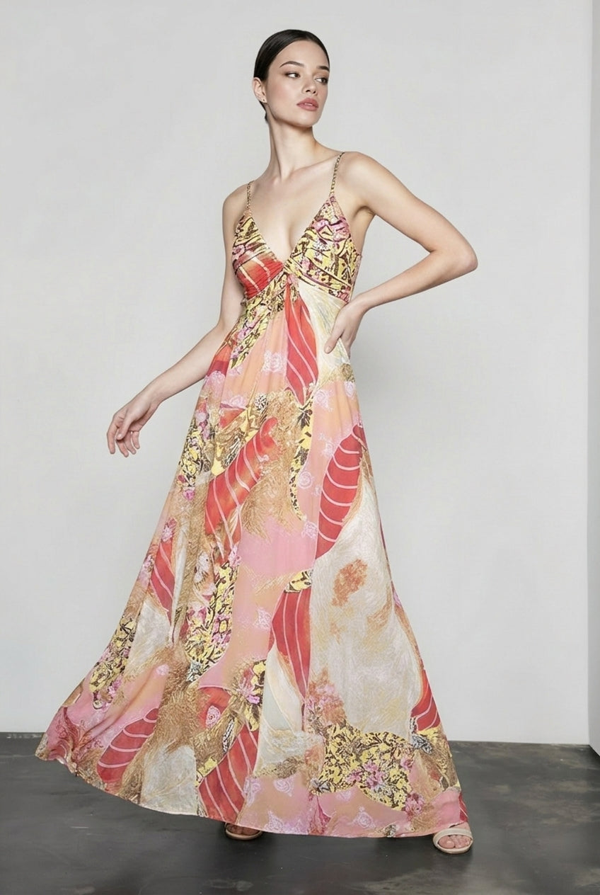 Deep V-Neck Spaghetti Strap Floral Satin Maxi Dress 2