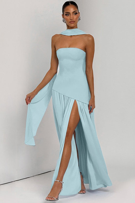 Strapless Choker Neck Asymmetric Flowy A-Line Maxi Prom Dress - View 4