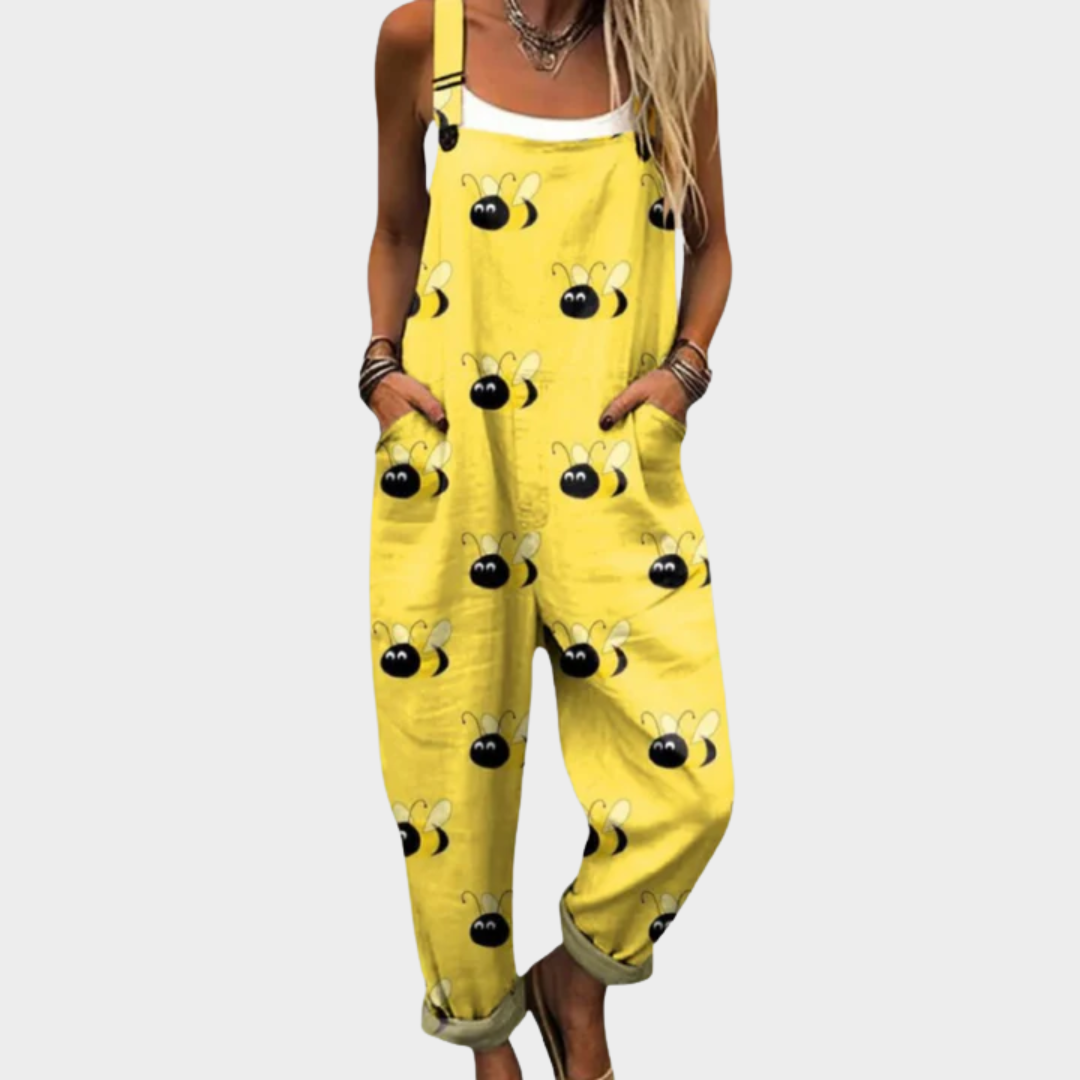 Bee Print Adjustable Strap Pocket Wide Leg Overall Jumpsuit