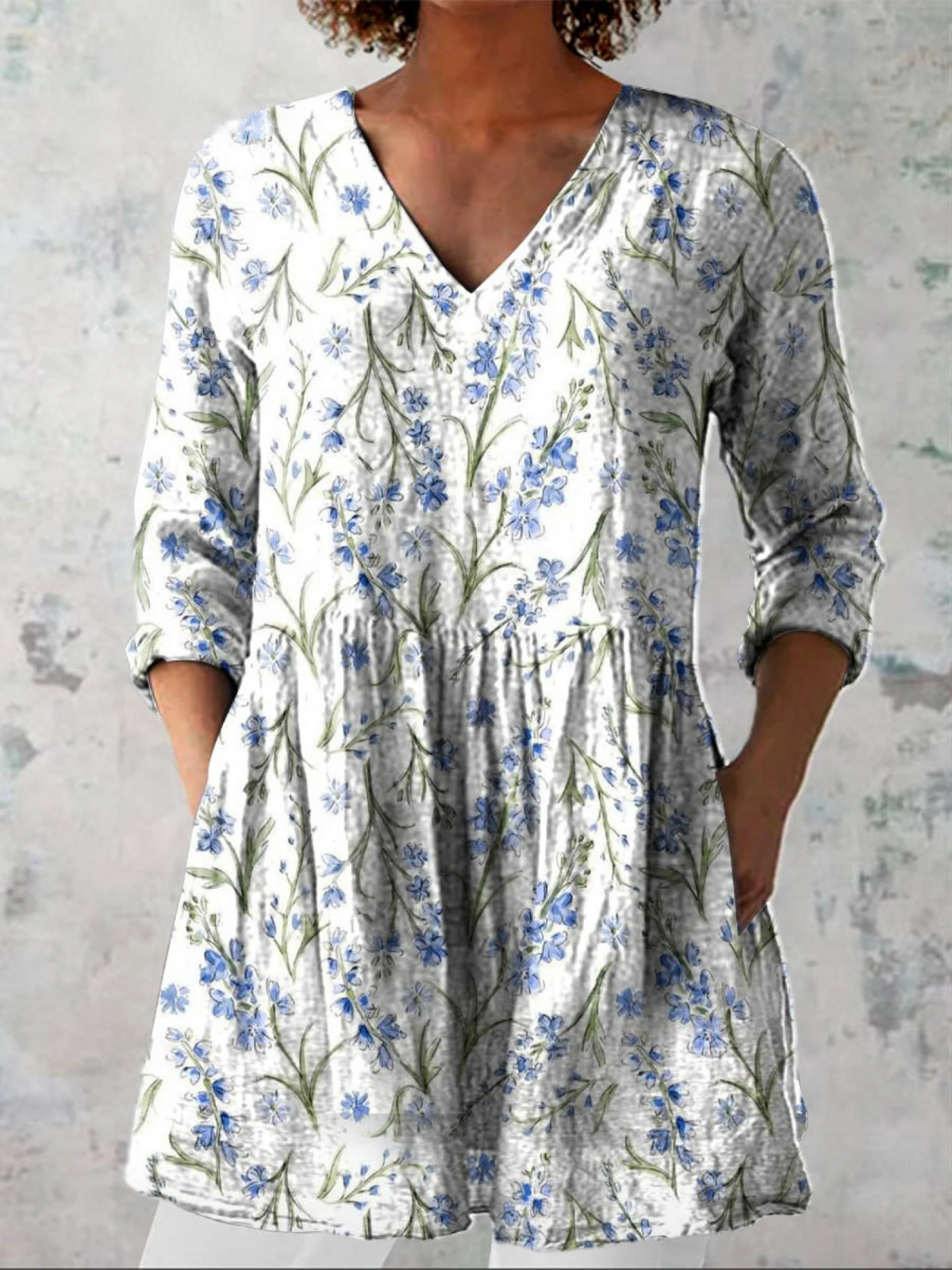 Floral Print V-Neck Long Sleeve Peplum Tunic Top
