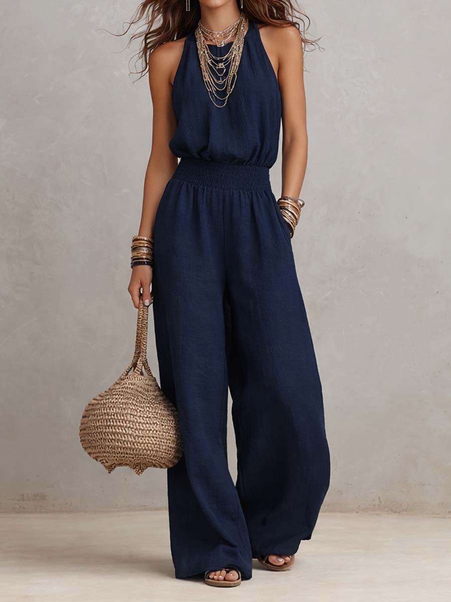 Halter Neck Smocked Waist Wide Leg Jumpsuit 6