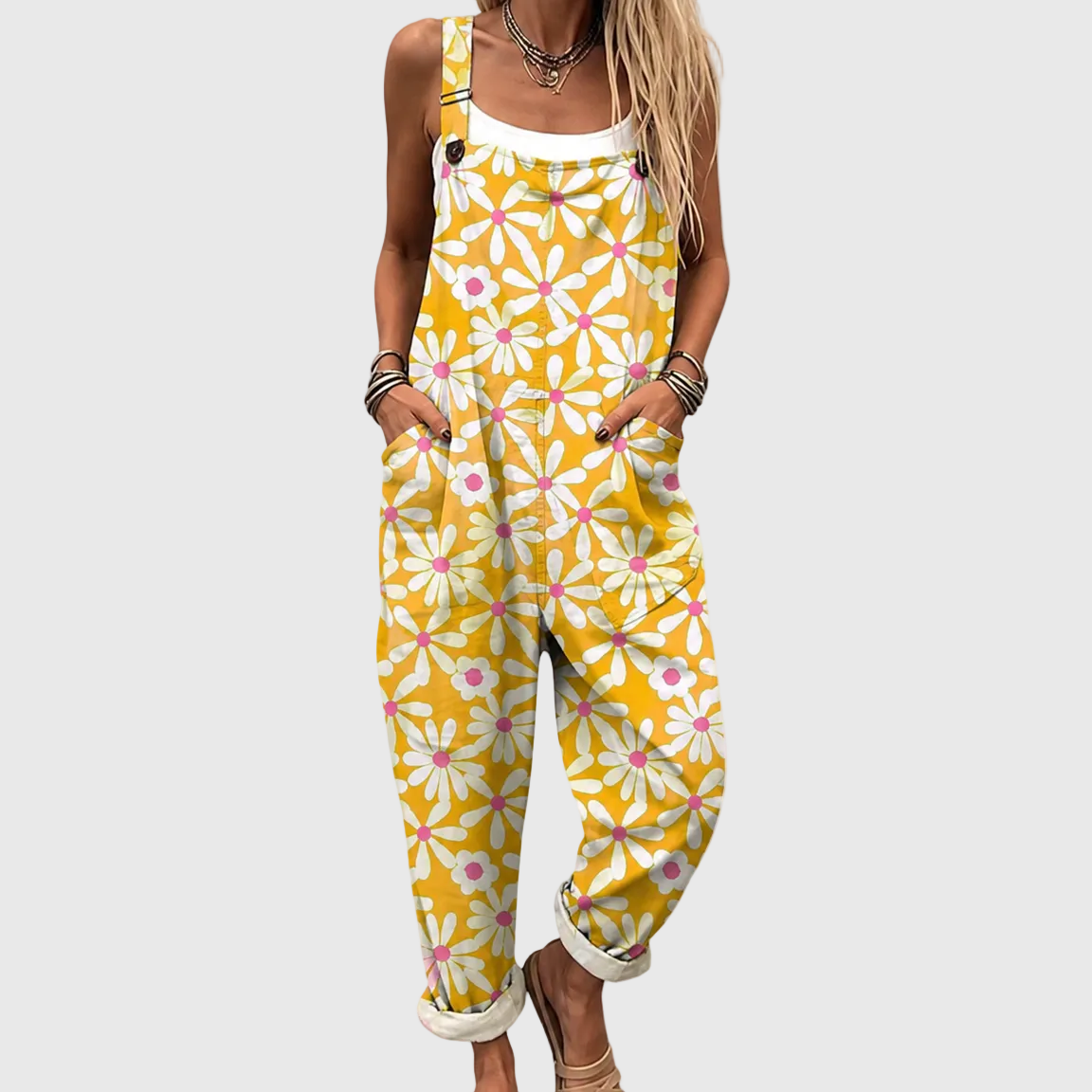 Daisy Print Sleeveless Cuffed Overall Jumpsuit