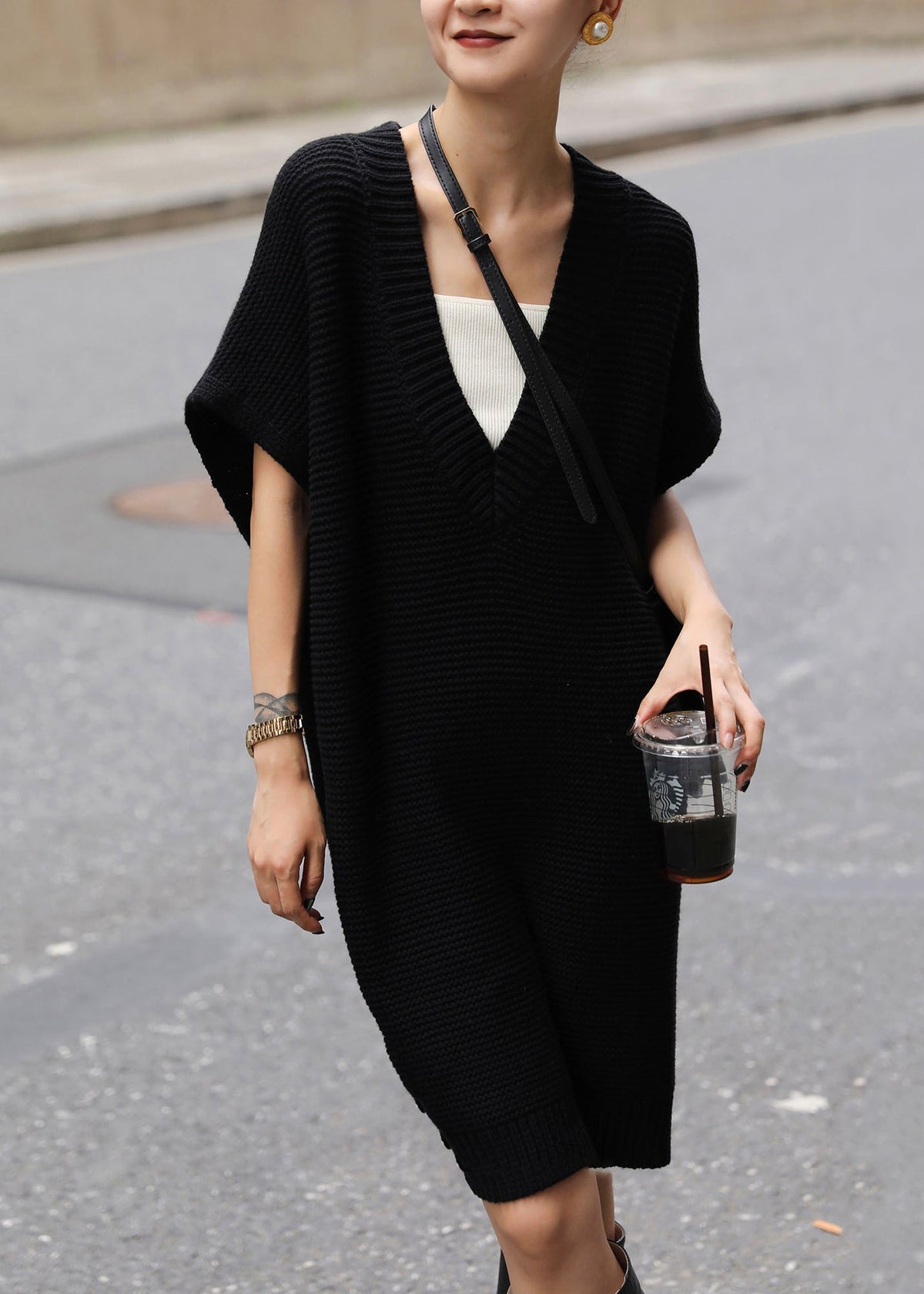 Oversized Knit Deep V-Neck Sleeveless Side Slit Mini Dress - View 2