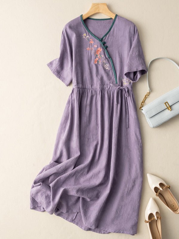 Floral Embroidery Frog Button Crossover V-Neck Tie Waist Midi Dress - View 7