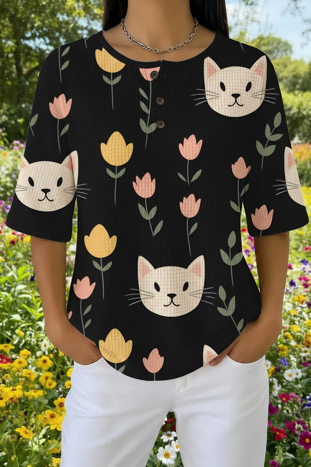 Cat and Floral Print Waffle Knit Short Sleeve Henley Top