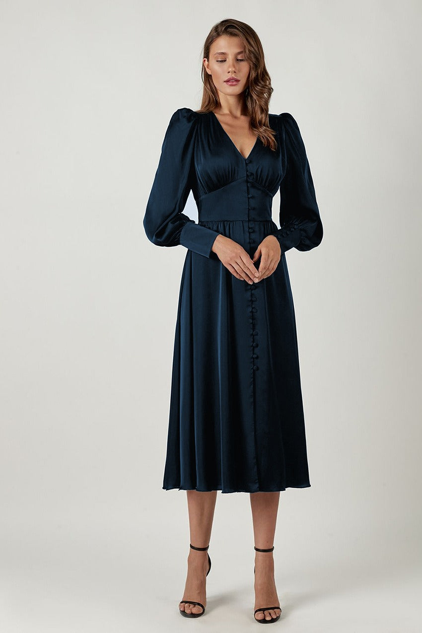 Satin Puff Sleeve Bustier Tailored Midi Dress - View 10