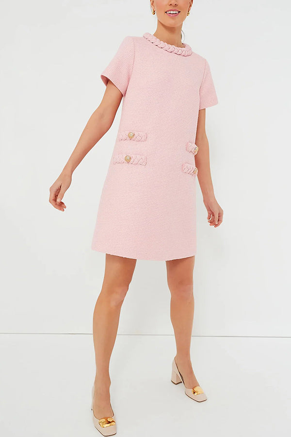 Tweed Braided Trim Faux Pocket Metallic Button Shift Mini Dress - View 8