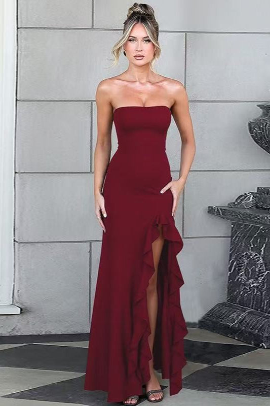 Strapless Ruffle High Slit High Low Maxi Dress - View 3
