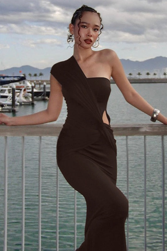 One Shoulder Cross Side Cutout Wrap Dress