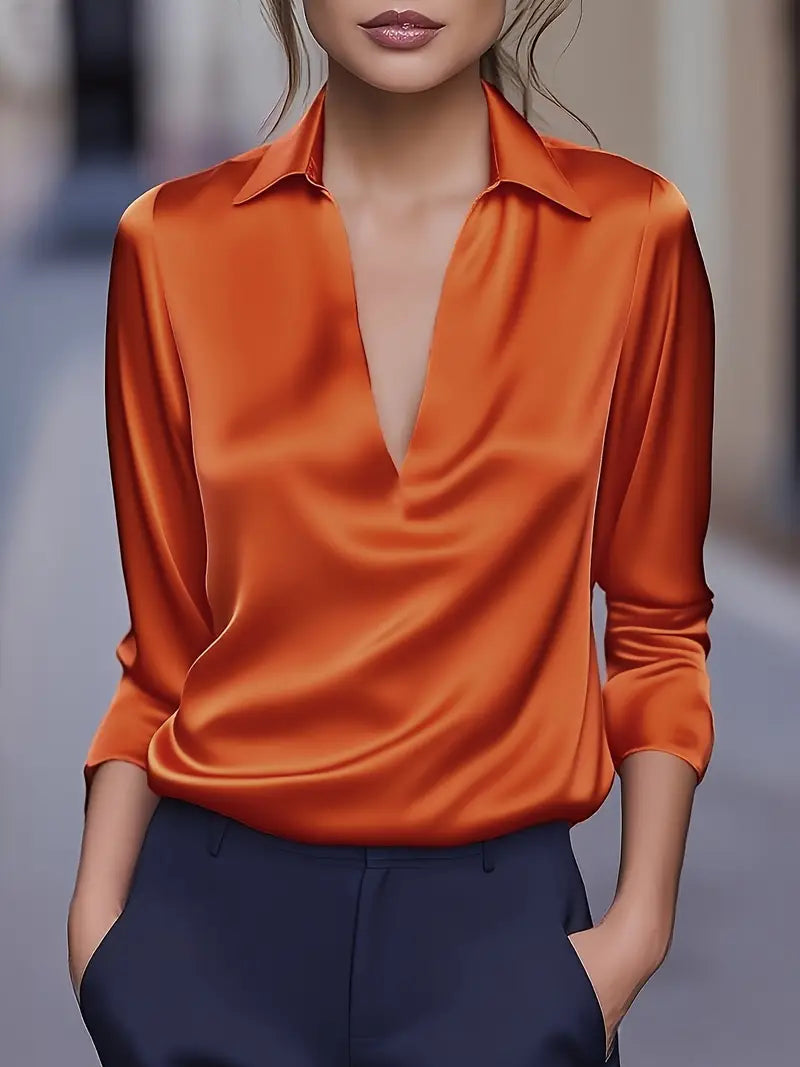 Collared Deep V-Neck Long Sleeve Satin Blouse 5