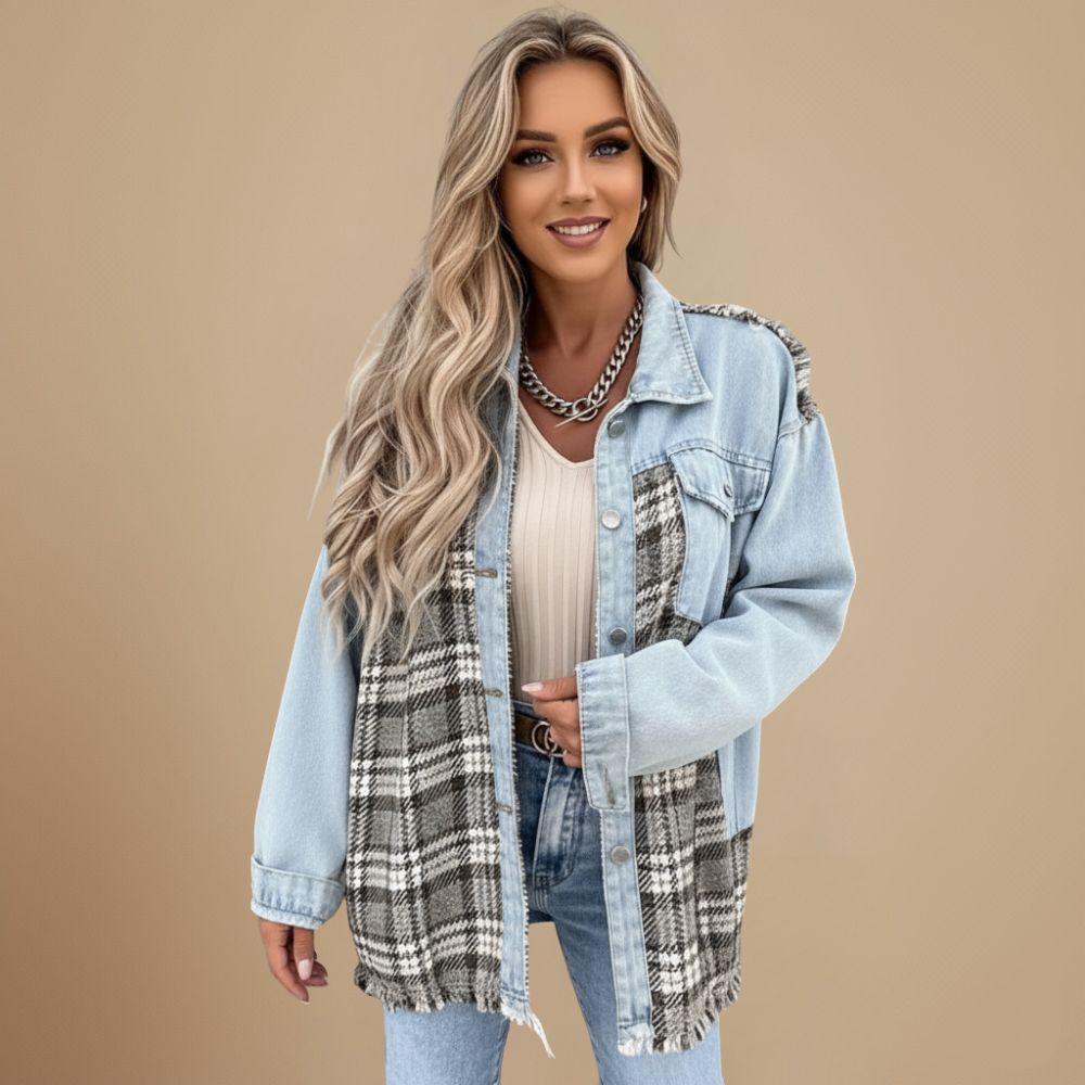 Plaid Patchwork Denim Button Front Shacket 14