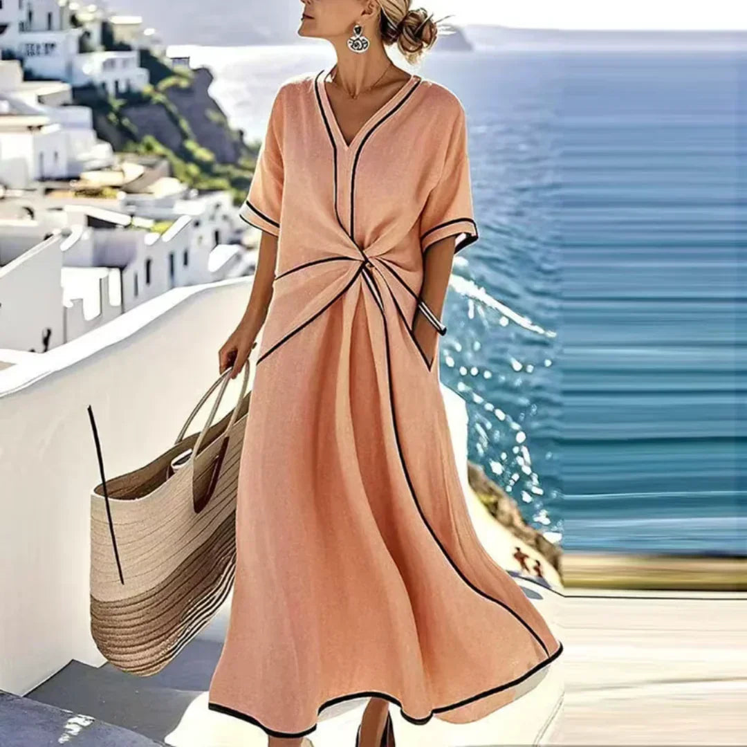 Contrast Trim V-Neck Short Sleeve Twist Front Midi Dress 4