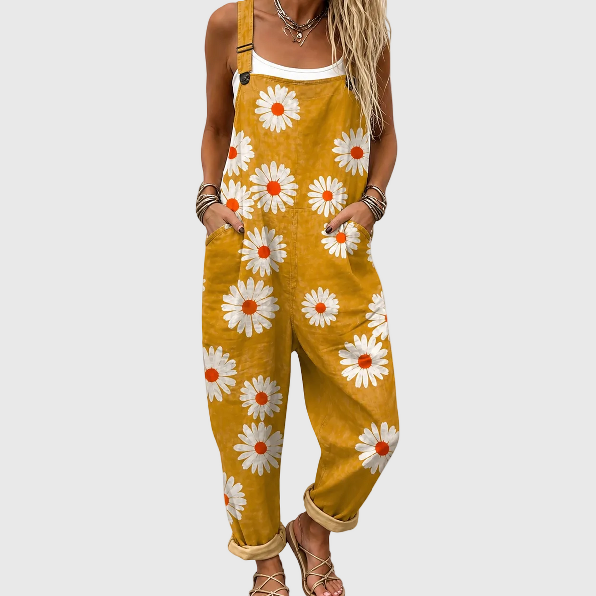 Daisy Floral Adjustable Strap Pocket Overall Jumpsuit