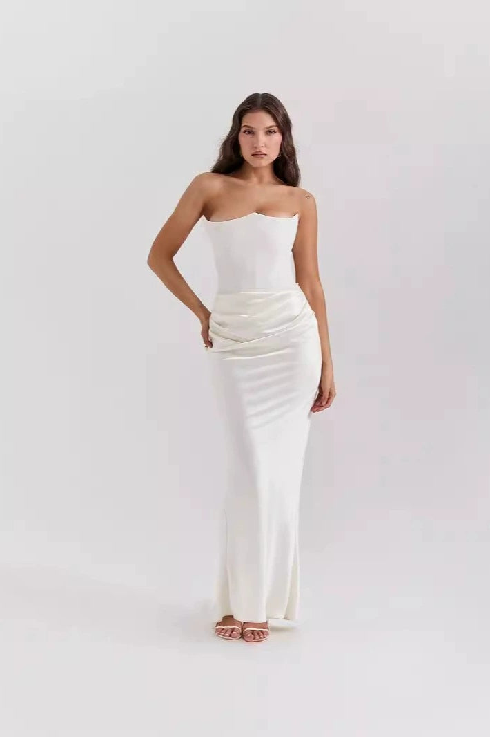 Strapless Sweetheart Corset Gathered Waist Satin Column Maxi Gown - View 7
