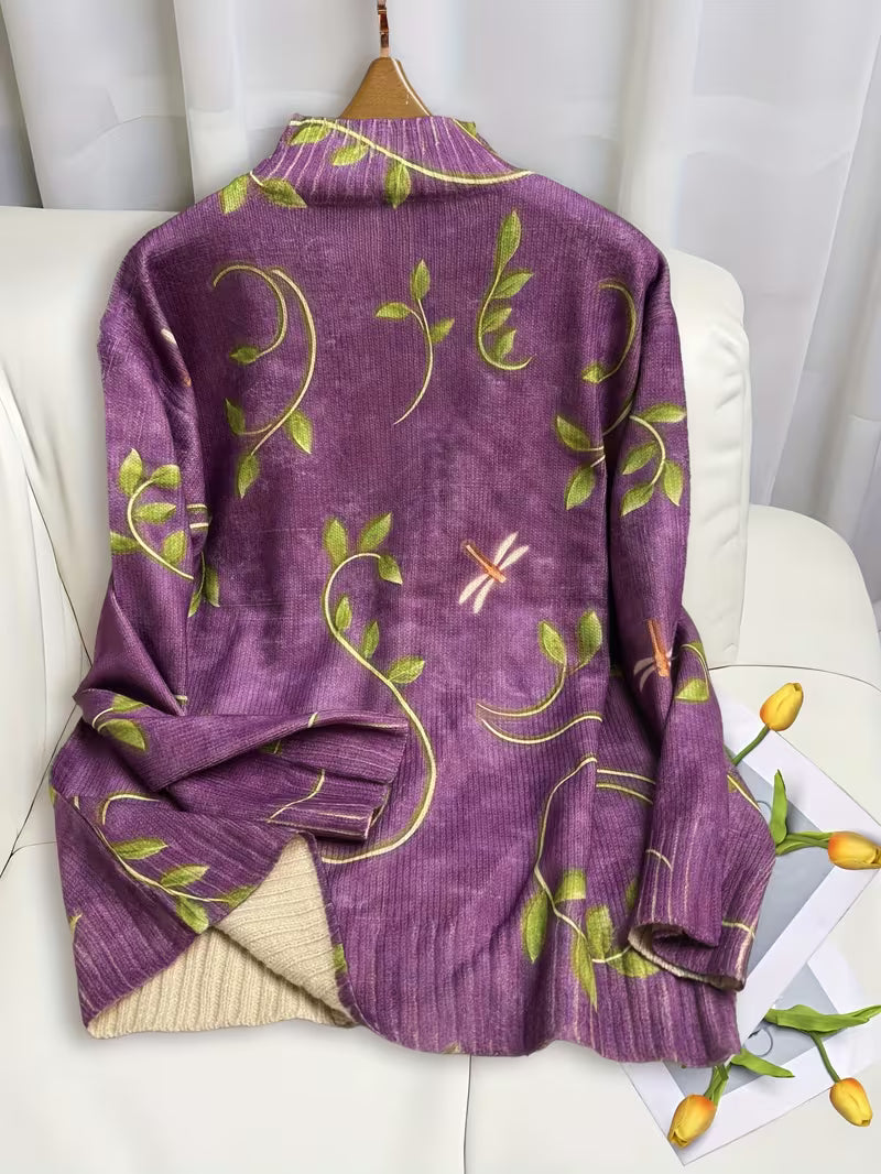 Dragonfly Vine Print Mock Neck Zip Front Knit Cardigan 4