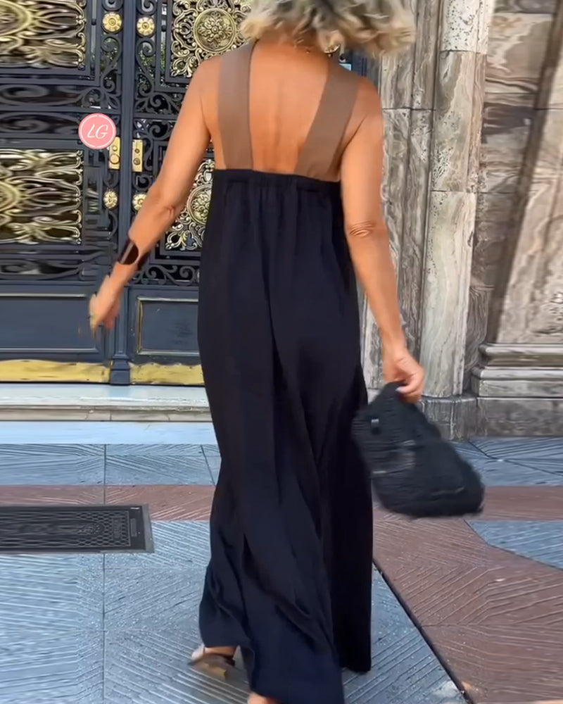 Cross Halter Neck Contrast Panel Sleeveless Draped Maxi Dress 5