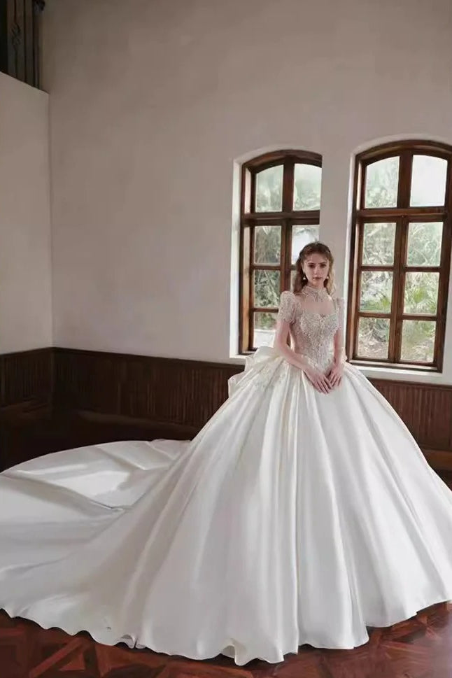 Sequin Beaded Mock Neck Puff Sleeve Cathedral Train Ball Gown - View 5