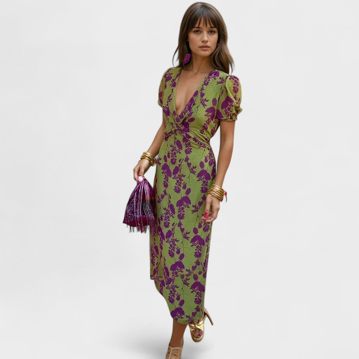 Floral V-Neck Puff Sleeve Twist Front Midi Dress 2
