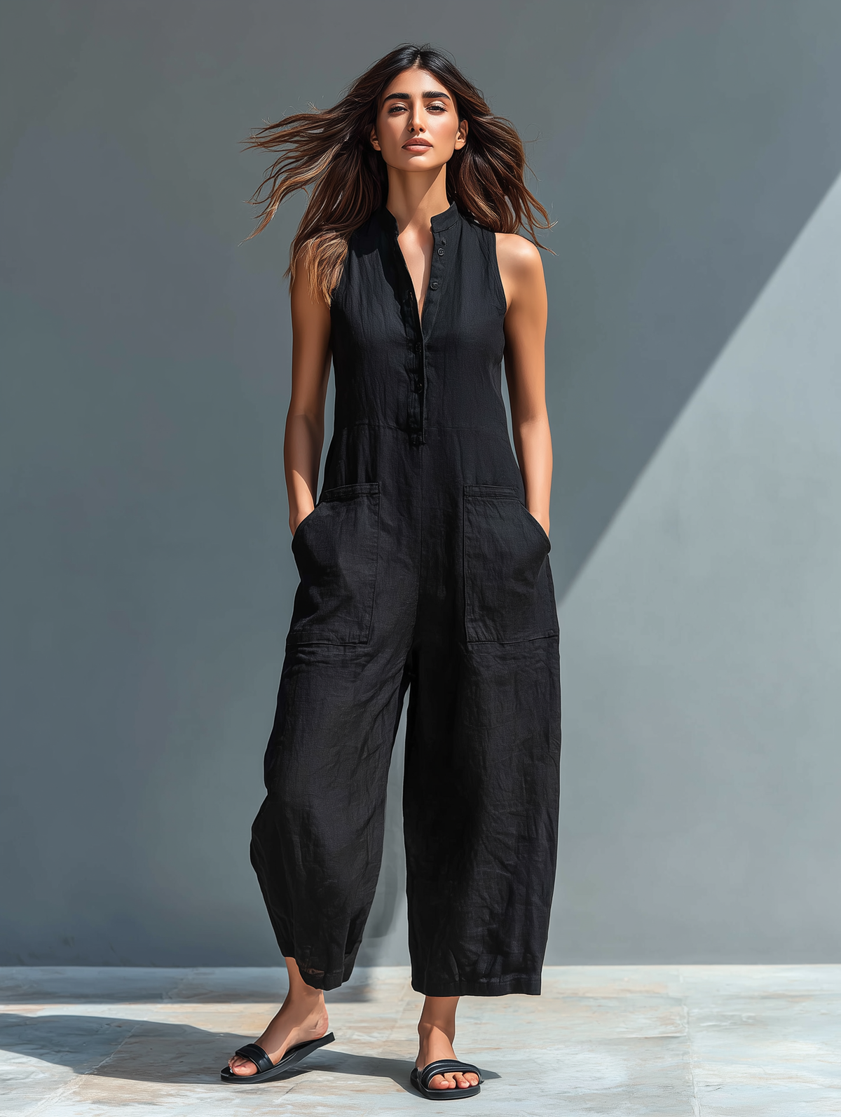 Sleeveless Button Front Wide Leg Jumpsuit with Pockets 2