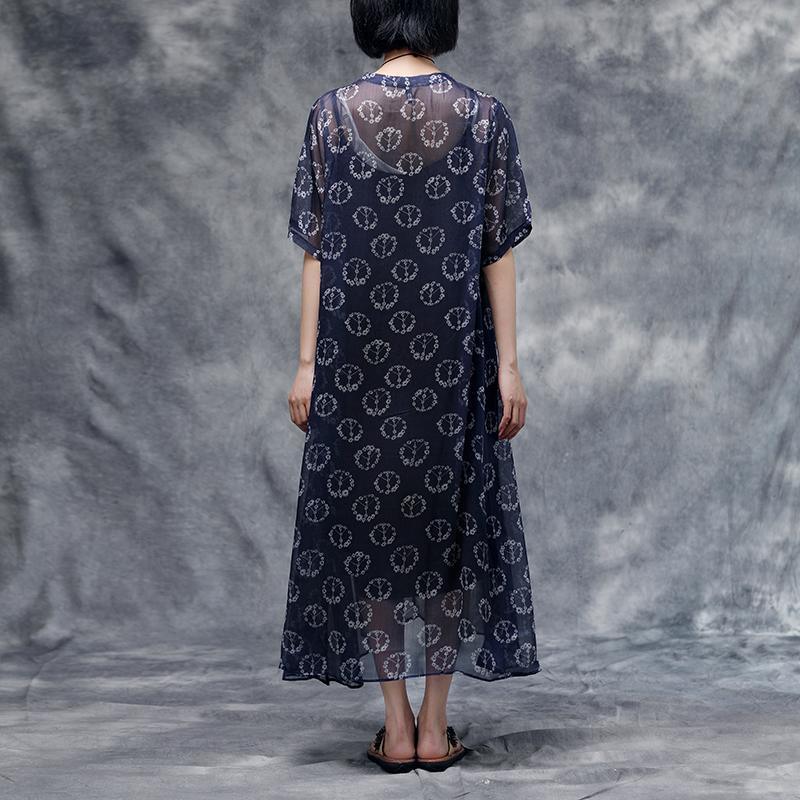 Peace Sign Print Henley Neck Short Sleeve Drawstring Maxi Dress - View 3