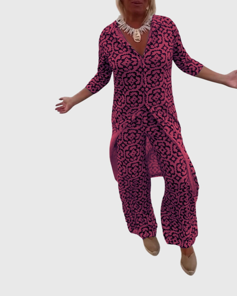 Medallion Print Collared Half Sleeve Tunic and Wide Leg Pants Two Piece Set 10