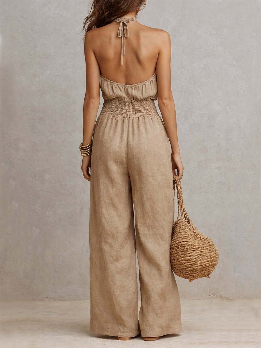 Halter Neck Smocked Waist Wide Leg Jumpsuit 8