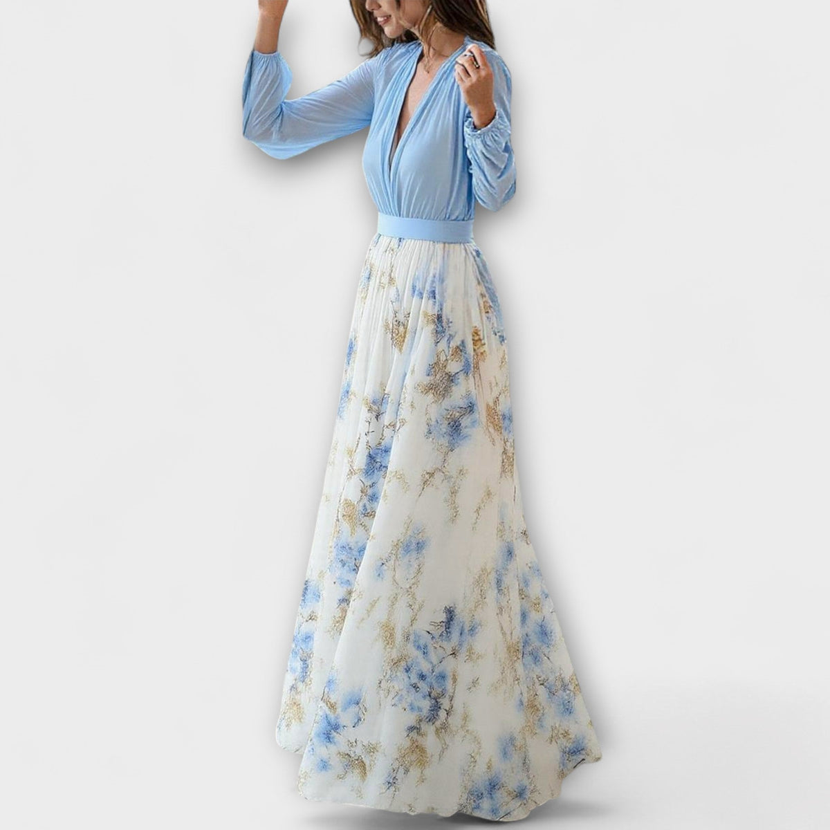 Deep V-Neck Long Sleeve Floral Skirt Maxi Gown 2