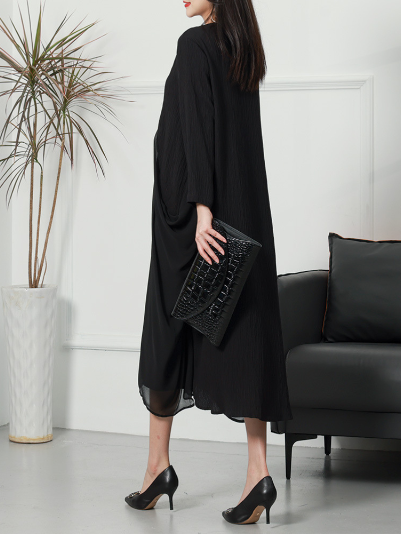 V-Neck Long Sleeve Chiffon Layered Loose Midi Dress - View 2