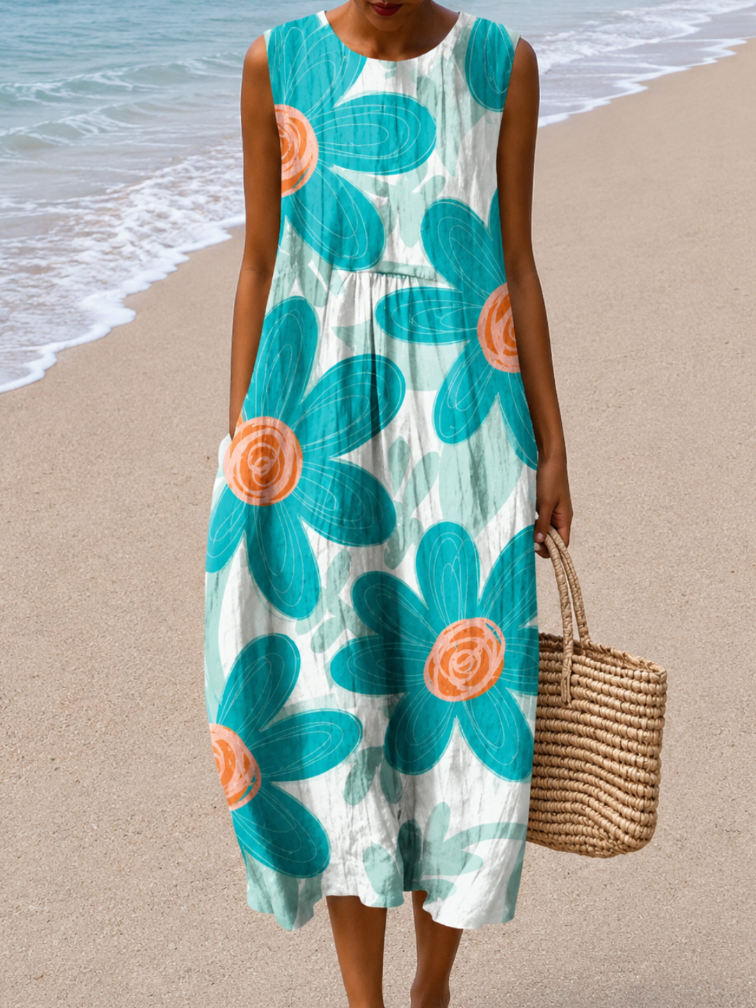 Floral Sleeveless Crew Neck Pocket Midi Dress