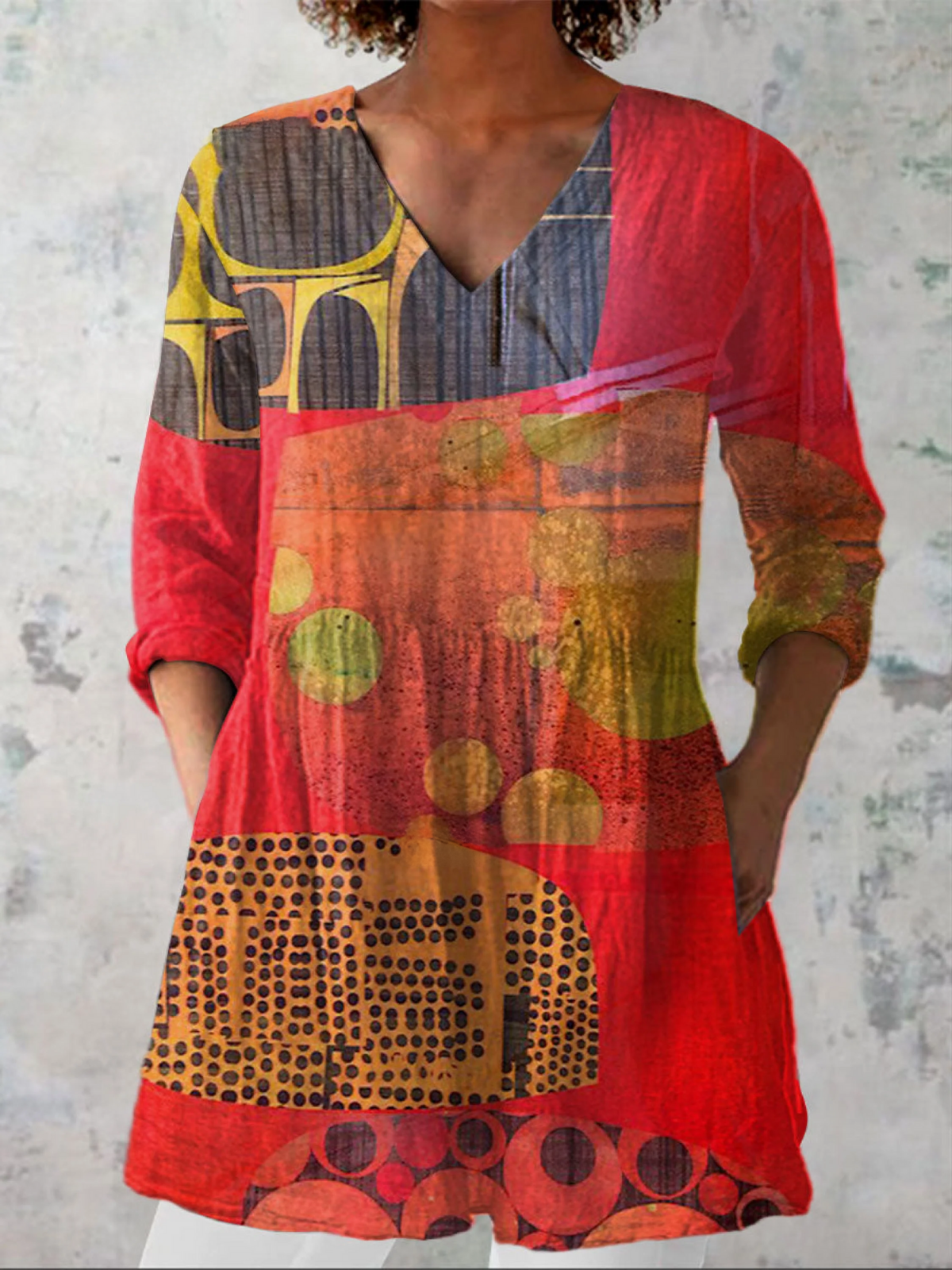 Abstract Geometric Print V-Neck Long Sleeve Tunic Blouse