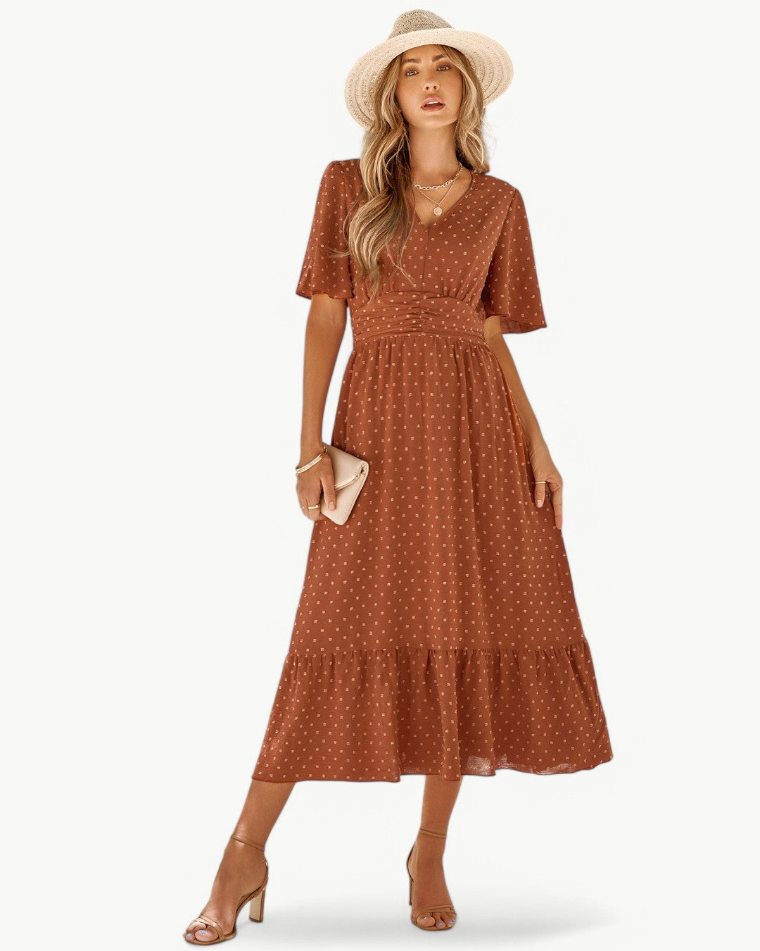 Swiss Dot V-Neck Flutter Sleeve Ruched Waist Tiered Midi Dress 7